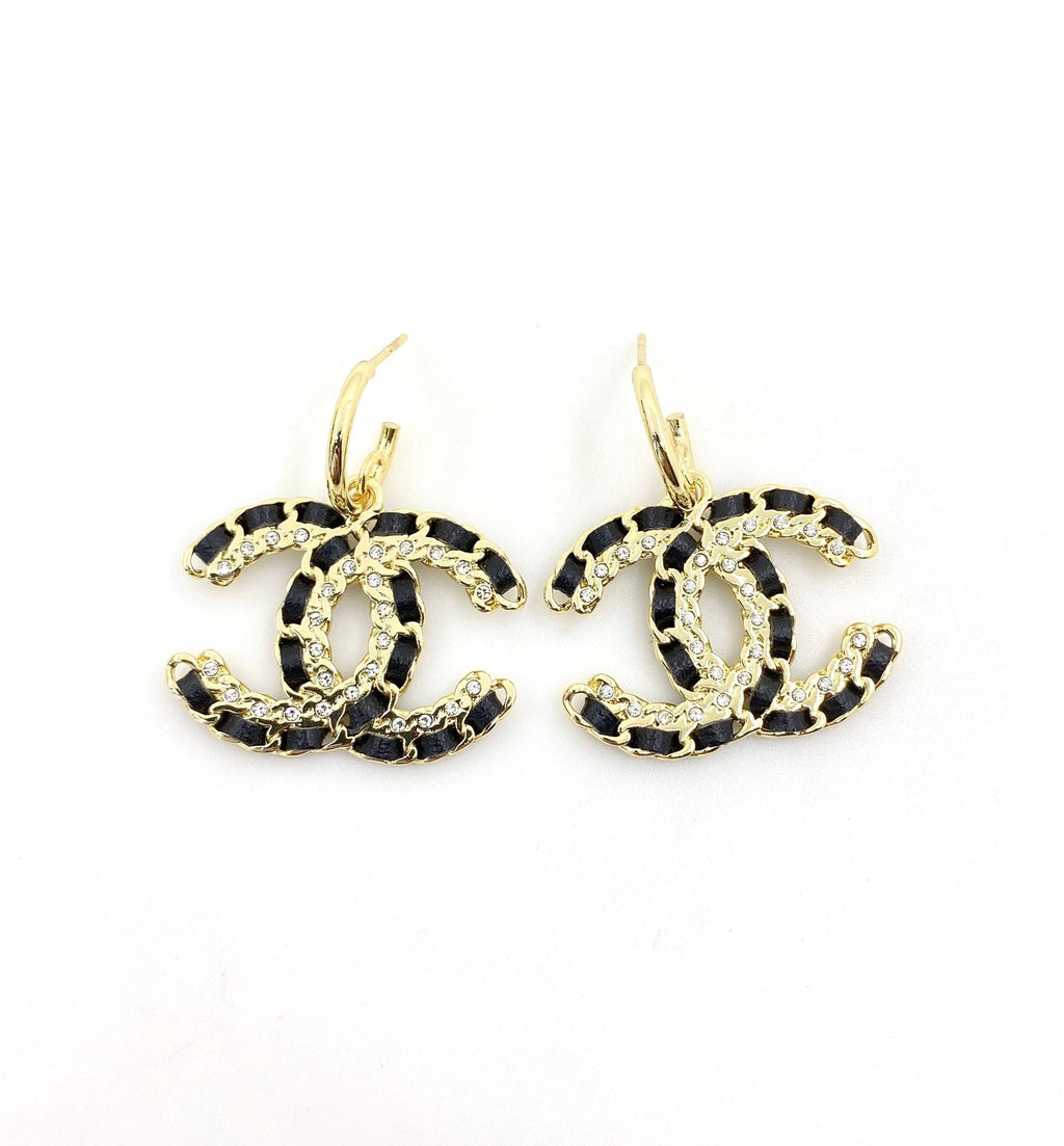 Chanel Pendant Leather 18K Gold Earrings